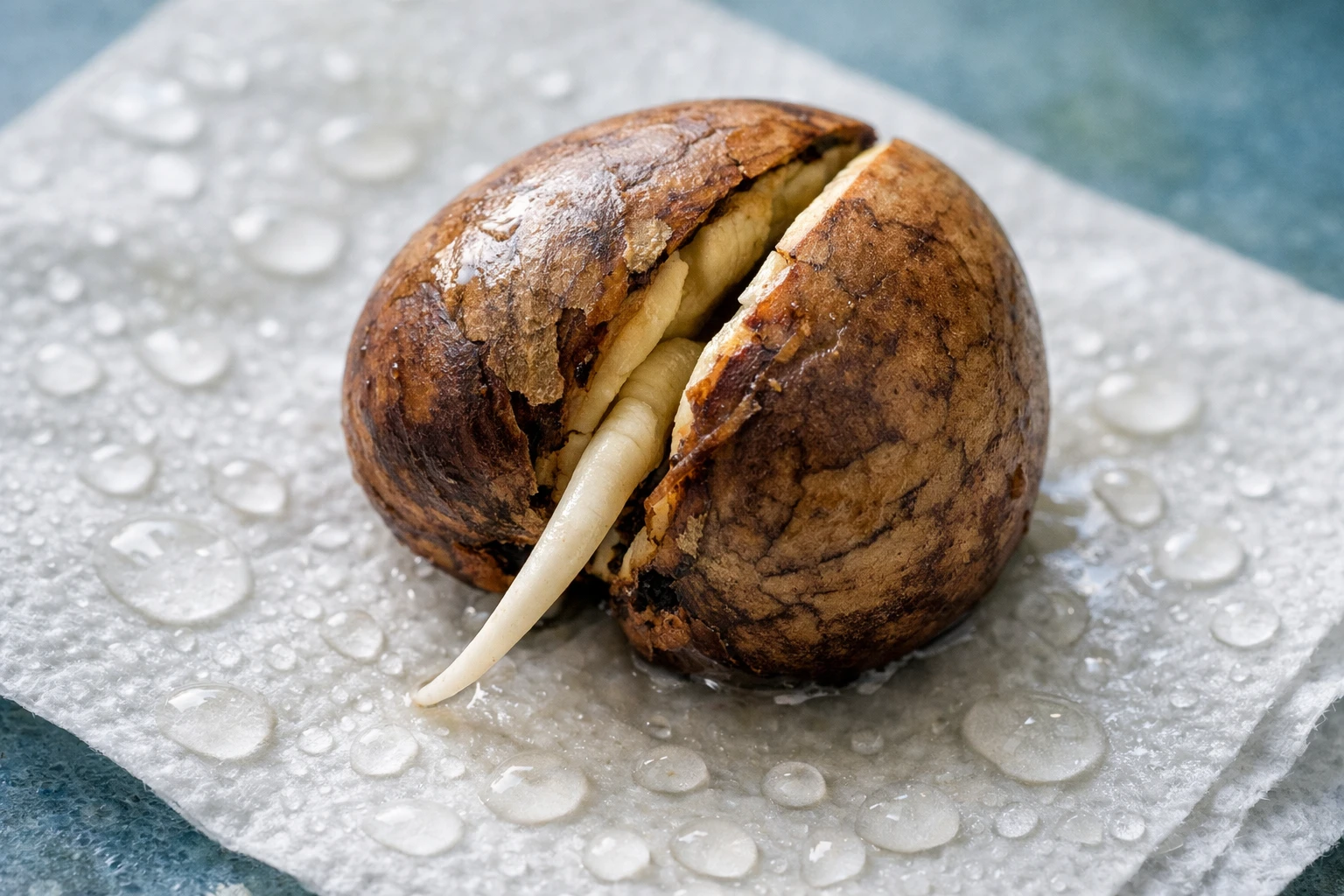 Close-up of cracked avocado pit with visible white root emerging, placed on damp paper towel with droplets, natural daylight from window, shallow depth of field, realistic macro photography, fresh green tones, detailed texture of split seed showing germination process, clean botanical atmosphere