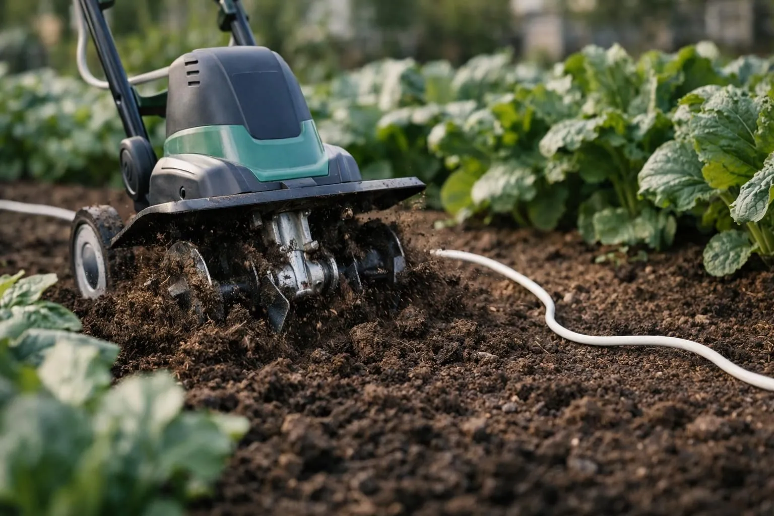 Close-up of an eco-friendly electric tiller working in a small French urban garden, tilling rich dark soil between vegetable rows, white electric cable visible, green leafy vegetables in background, soft natural morning light, realistic photography, shallow depth of field, sustainable gardening lifestyle, no text or logo