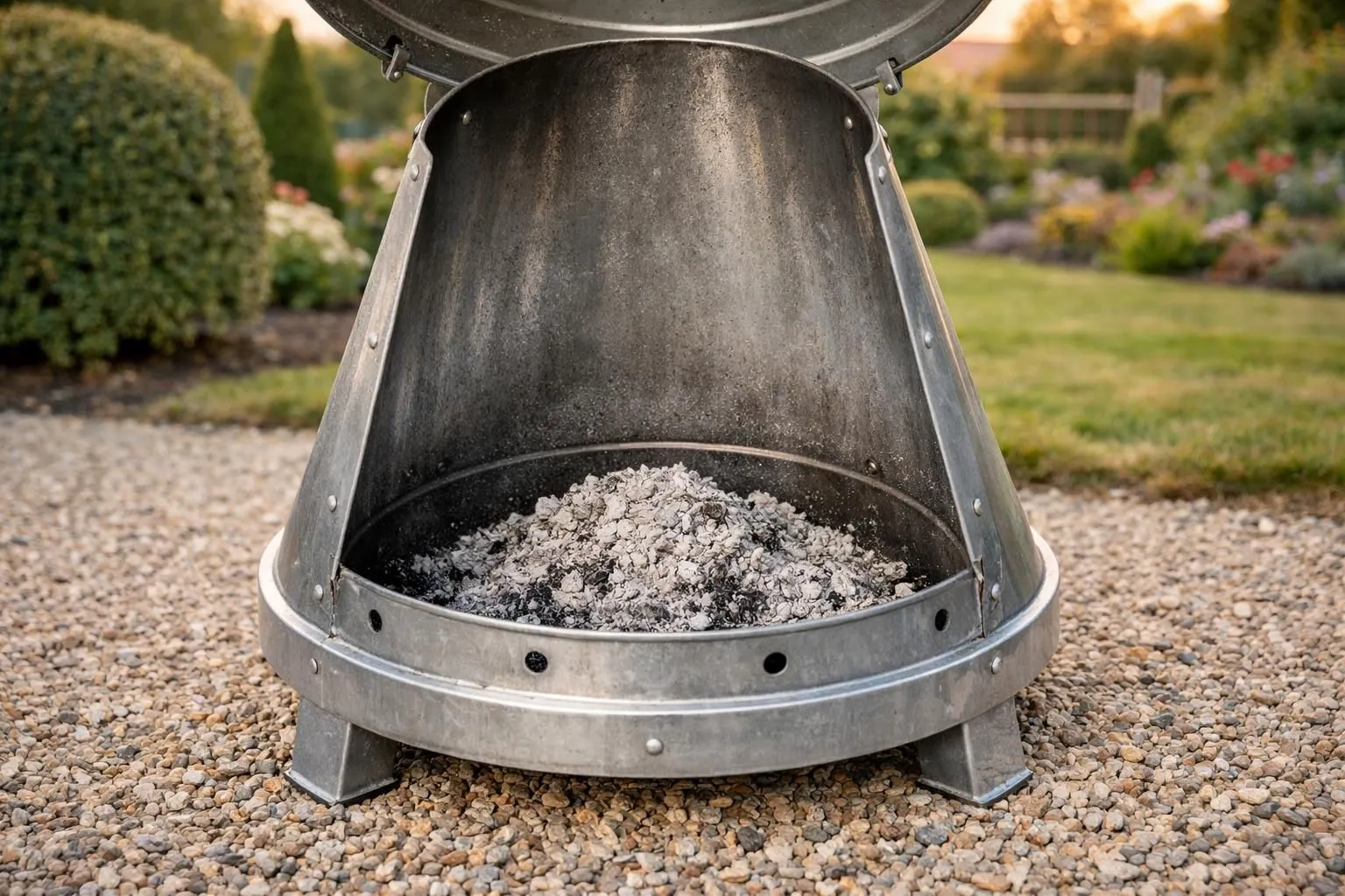 Close-up of a conical 200L garden incinerator showing its tapered base design, with concentrated ash pile at the bottom ready for easy removal, placed on gravel in a well-maintained French garden, realistic photography, natural daylight, detailed metal texture, stable wide base visible, professional gardening equipment aesthetic, no text