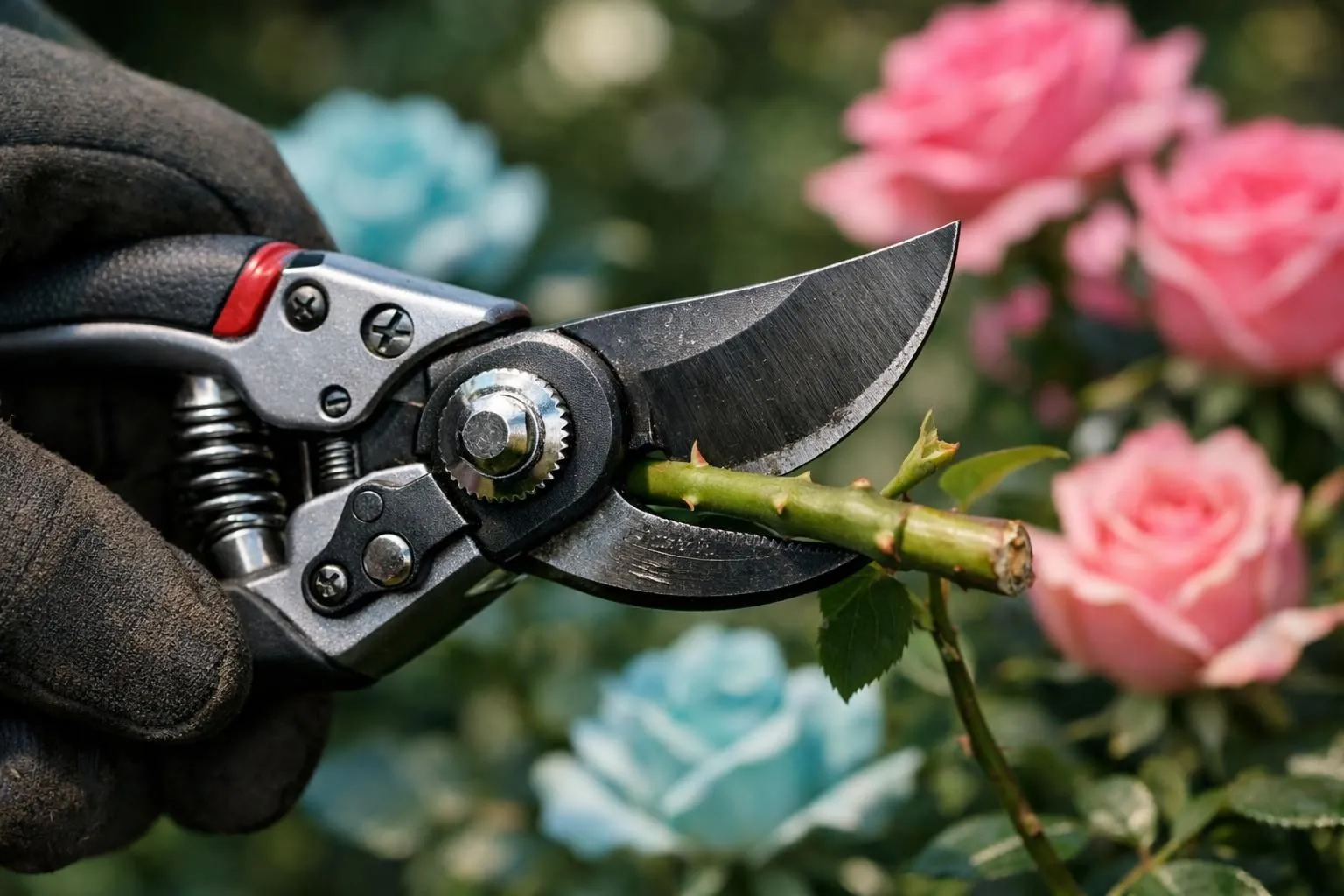Close-up photograph of professional bypass pruning shears cutting a rose stem in a French garden, sharp focus on the blade mechanism, natural morning light, gardener