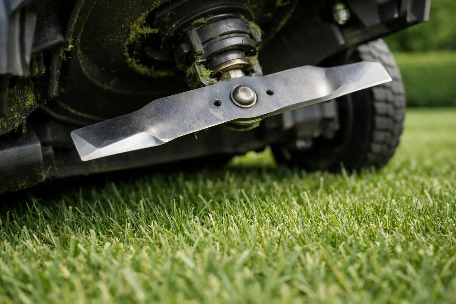 Tondeuse moderne sur pelouse française dense et verdoyante, coupe à hauteur optimale de 6 cm, gazon parfaitement entretenu sans mauvaises herbes visibles, texture détaillée des brins d