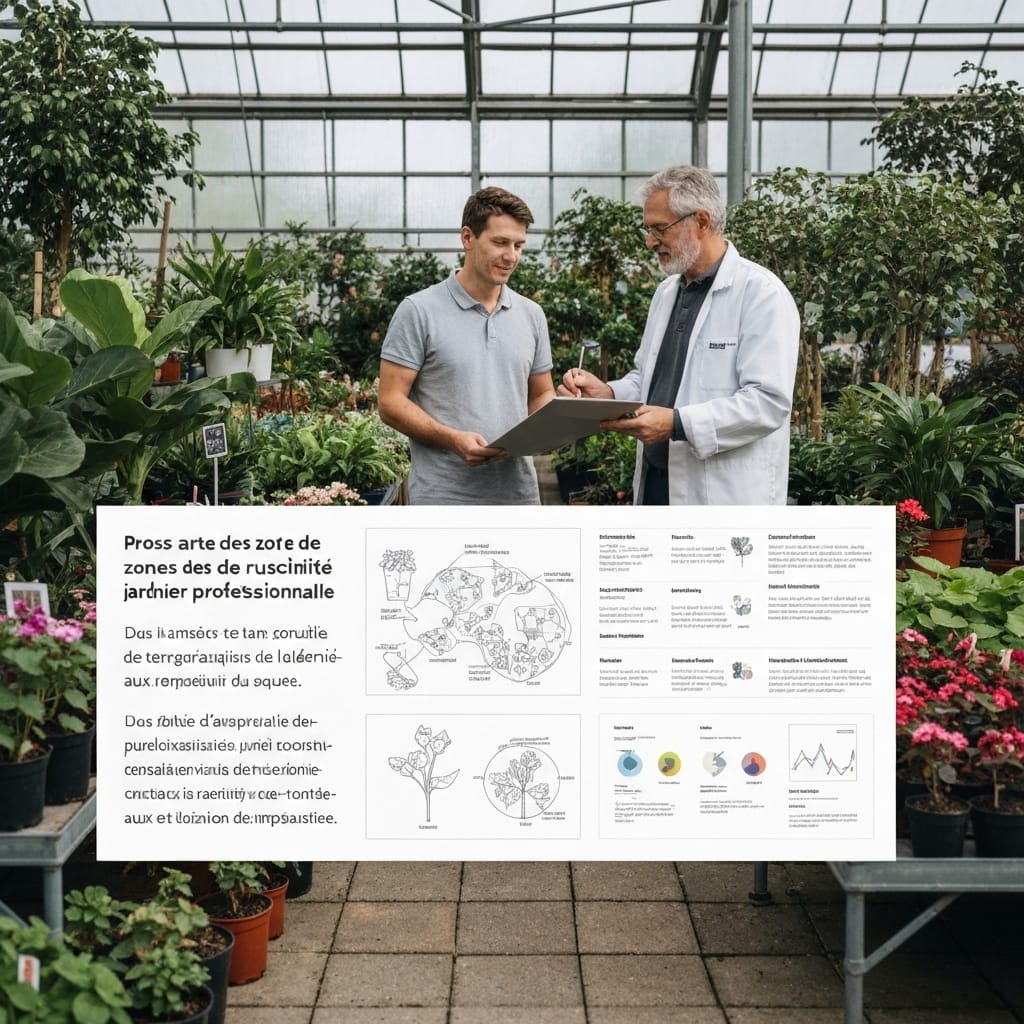Close-up of a gardener consulting a rustic hardiness zone map in a French garden center, surrounded by diverse potted plants with labels showing temperature tolerance, natural daylight, realistic photography, detailed textures, professional gardening advice scene, warm and trustworthy atmosphere, shallow depth of field