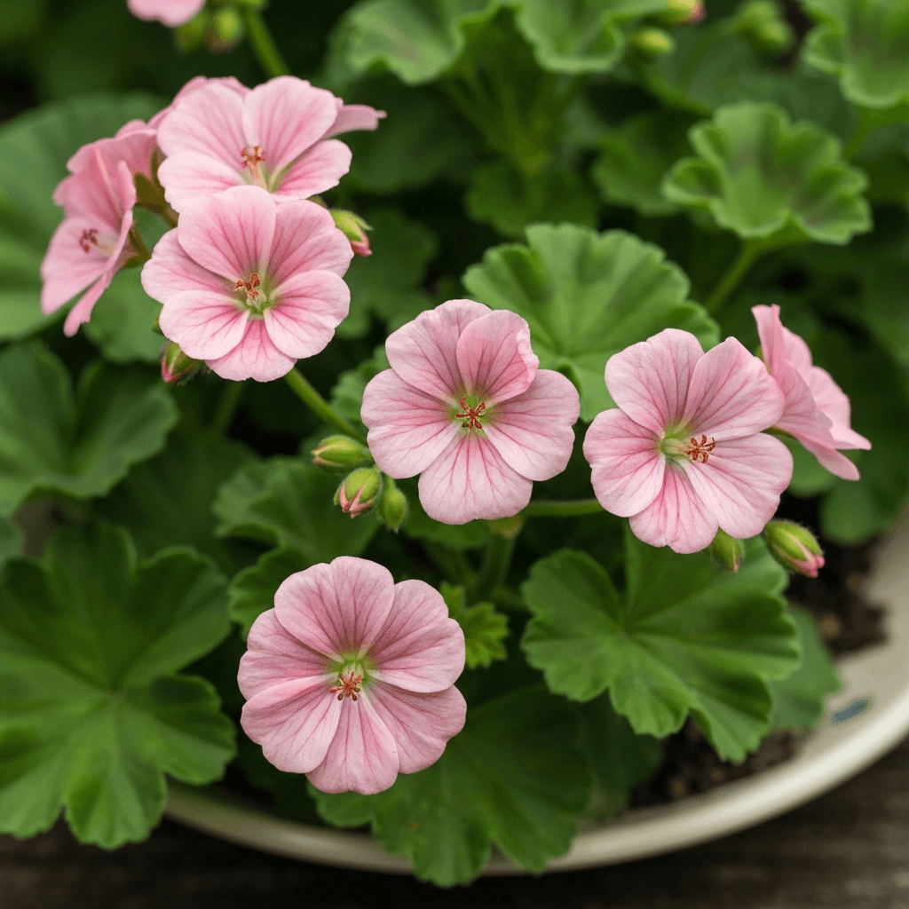 Vibrant perennial geranium flowers in full bloom covering garden bed in French suburban garden, mix of pink and purple blooms, lush green foliage, natural sunlight, close-up realistic photography showing low-maintenance ground cover, soft focus background, high detail on flower petals, professional botanical photography style, no text