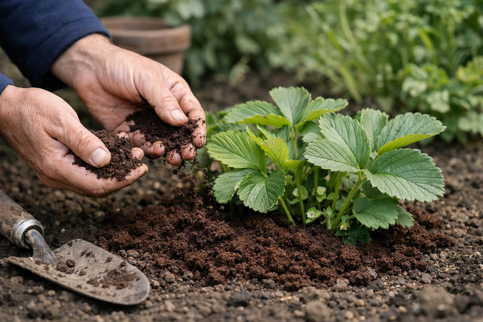 Close-up photo of used coffee grounds being sprinkled around the base of healthy green plants in a French garden. Hands spreading dark brown coffee grounds onto rich soil. Natural morning light, realistic photography style, shallow depth of field focusing on coffee grounds texture, eco-friendly gardening atmosphere, natural earthy tones, no text, no watermark.