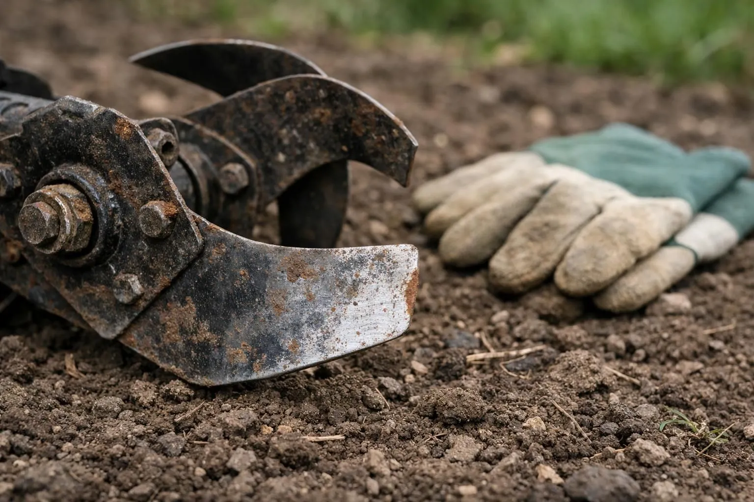Close-up photo of a worn-out Black+Decker electric tiller blade showing wear marks and rust spots, lying on garden soil with gardening gloves nearby, realistic photography, natural outdoor lighting, shallow depth of field, professional product review aesthetic, detailed metal texture visible, disappointed gardener in background blurred, French suburban garden setting, authentic documentation style