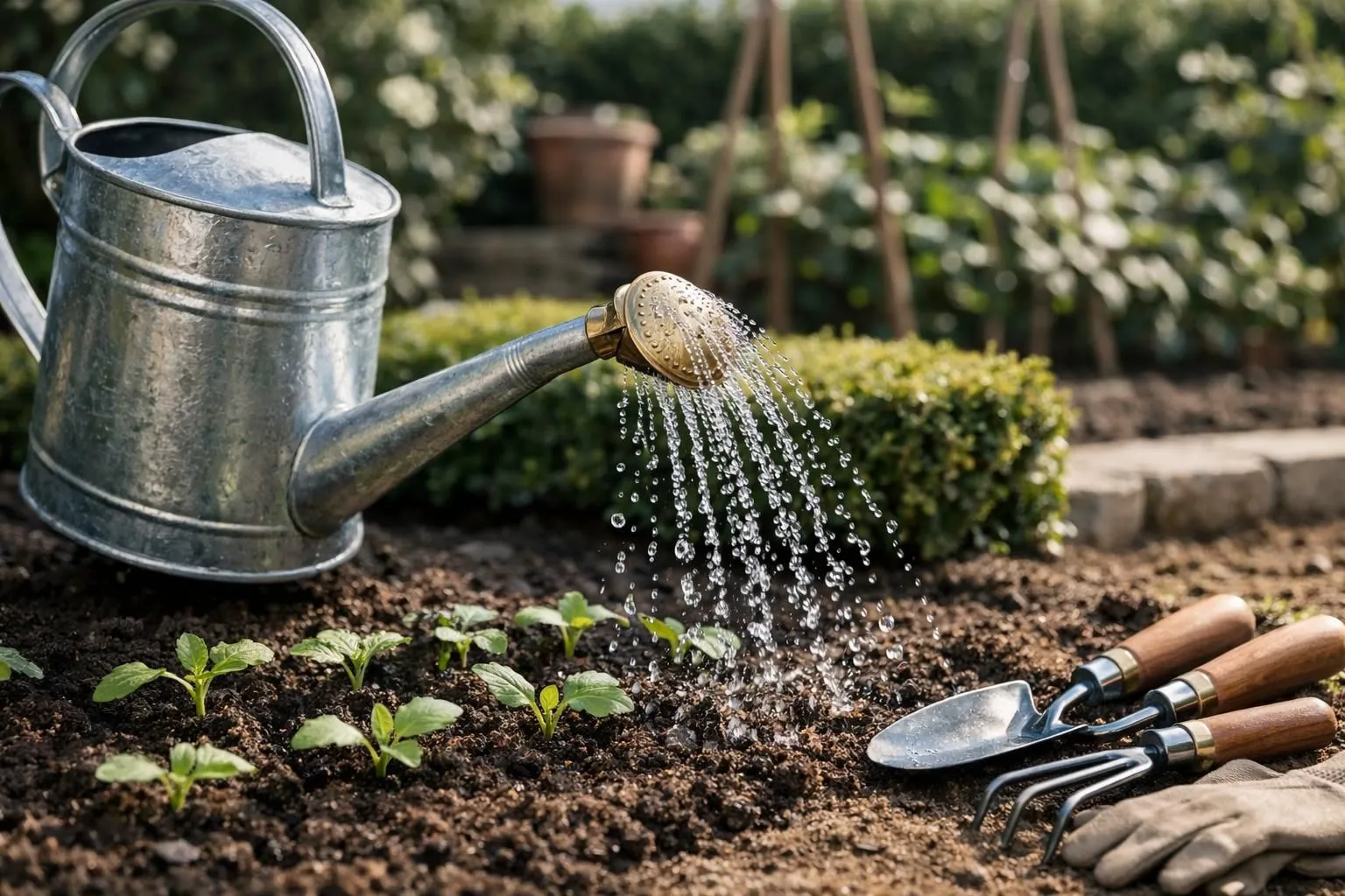 Close-up of a premium metal watering can with rose attachment watering delicate seedlings in a French garden, natural morning light, water droplets visible, ultra-detailed textures of galvanized zinc surface, realistic photography, soft shadows, elegant gardening tools arranged nearby, high-end lifestyle aesthetic, authentic French potager atmosphere. No text, no logo, no watermark.