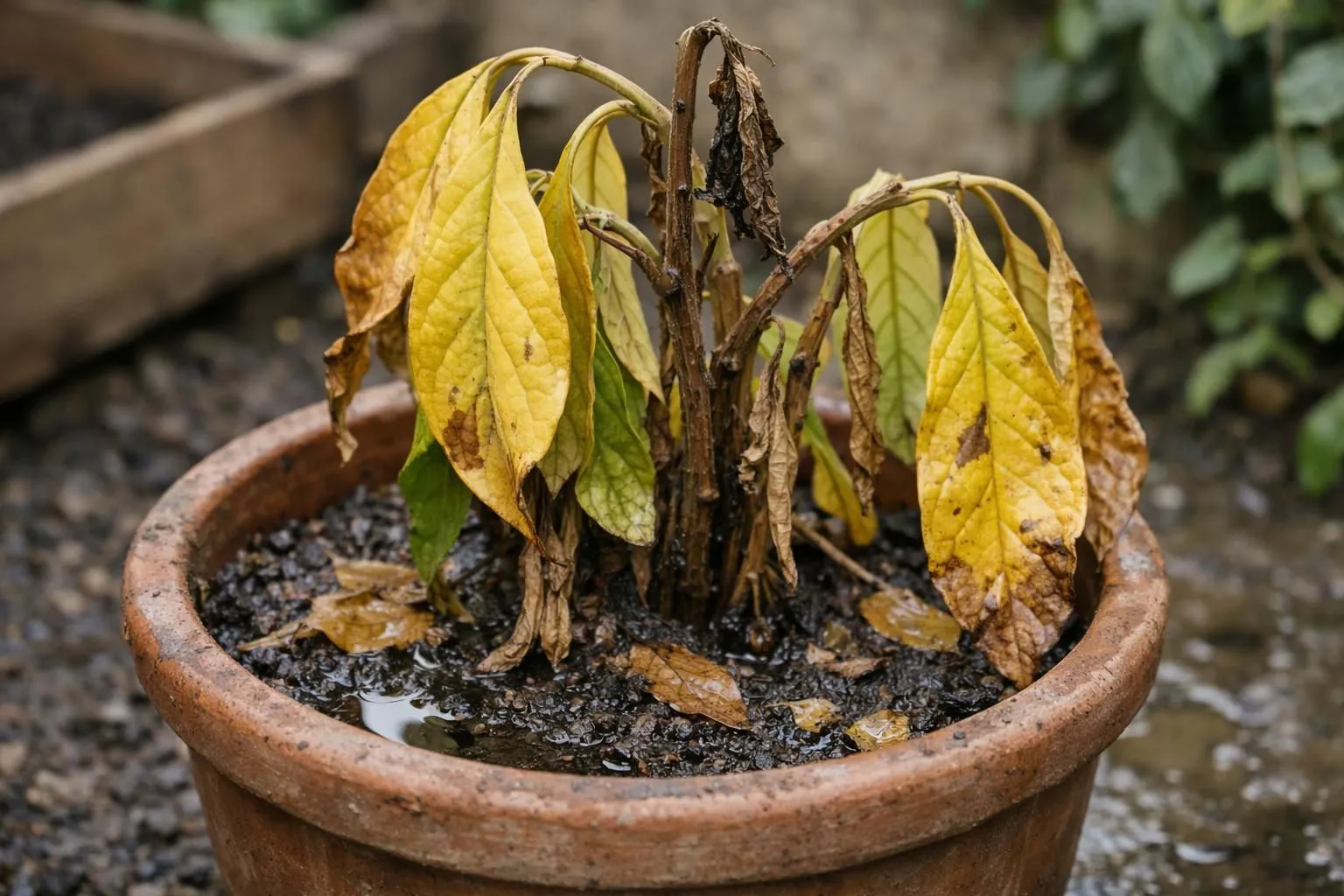 Close-up of a dying avocado plant in a French home garden, yellowing leaves and wilted stem in a terracotta pot, overwatered soil visible, natural daylight from a window, realistic photography, detailed textures showing plant distress, shallow depth of field, educational gardening context, authentic botanical detail, no text or labels