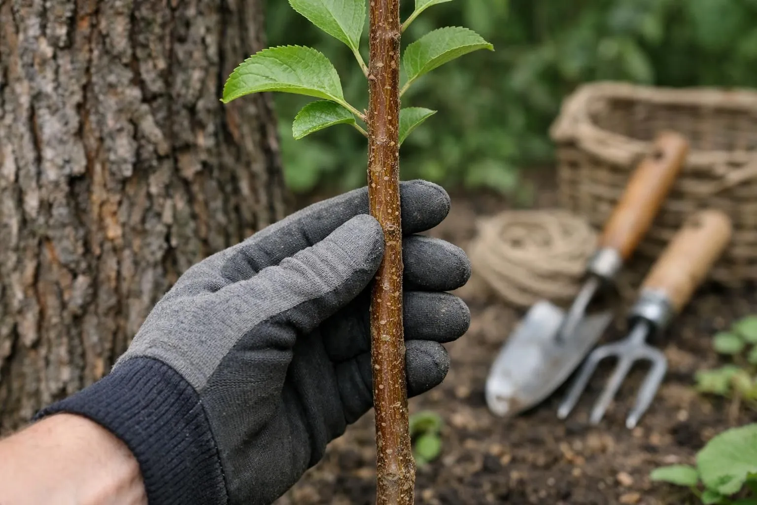 Close-up of a young fruit tree sapling with delicate thin bark being inspected by a gardener's hand in gloves, visible contrast between young vulnerable bark texture and mature tree bark in background, French garden setting with pruning tools nearby, natural daylight, realistic photography, professional gardening documentation style, educational focus on bark texture differences, no text or labels