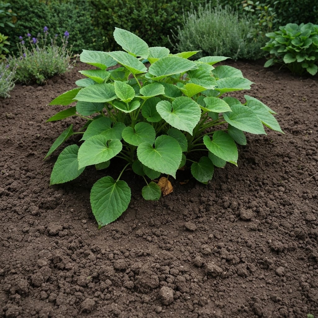Close-up photo of waterlogged soil with visible puddles around plant roots in a French garden, showing damaged yellowing leaves and muddy ground, realistic photography, natural daylight, educational gardening context, professional quality, shallow depth of field, earthy tones