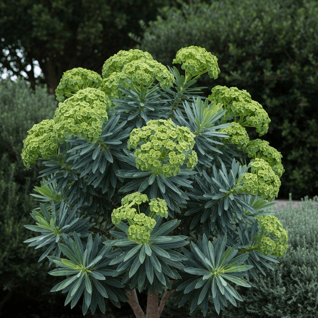 Close-up of architectural Euphorbia characias in a modern French garden, showing graphic blue-green foliage and chartreuse bracts, natural daylight, ultra-detailed textures highlighting structural beauty, professional garden photography, premium landscaping aesthetic, drought-resistant Mediterranean plants, no text or labels