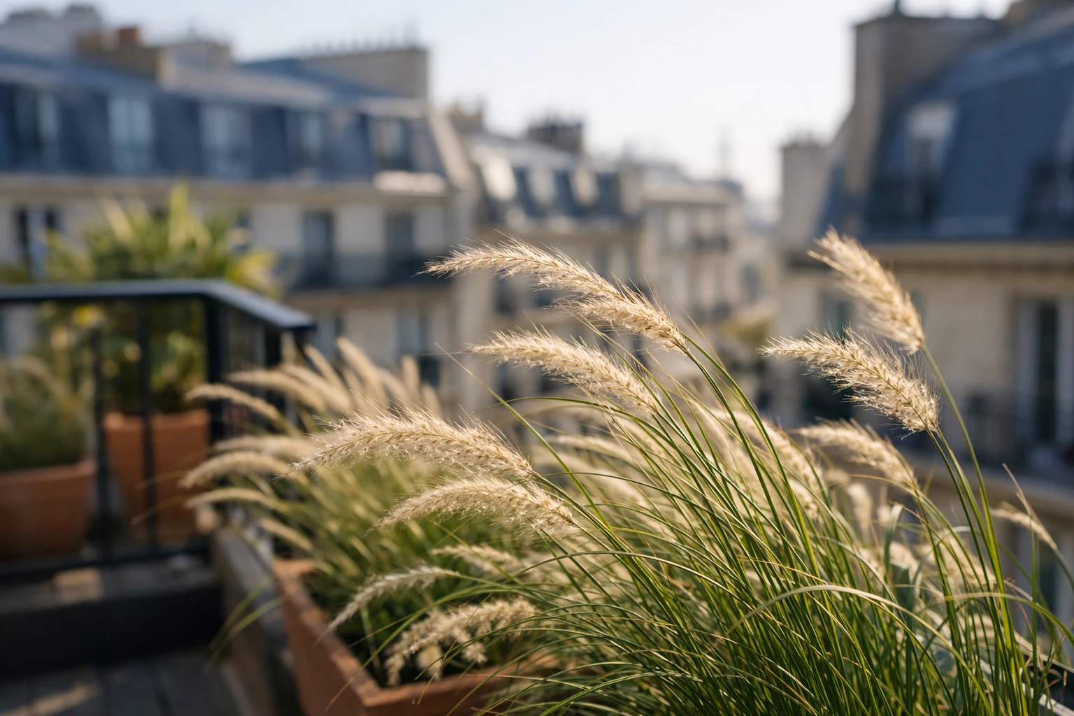 Modern balcony garden with ornamental grasses in terracotta pots, featuring blue fescue and carex varieties swaying naturally in the wind. Contemporary urban French setting with clean lines, natural movement, soft morning light. Close-up on textured grass foliage with varying heights creating dynamic composition. Professional photography, shallow depth of field, warm natural tones, high-end gardening lifestyle aesthetic.