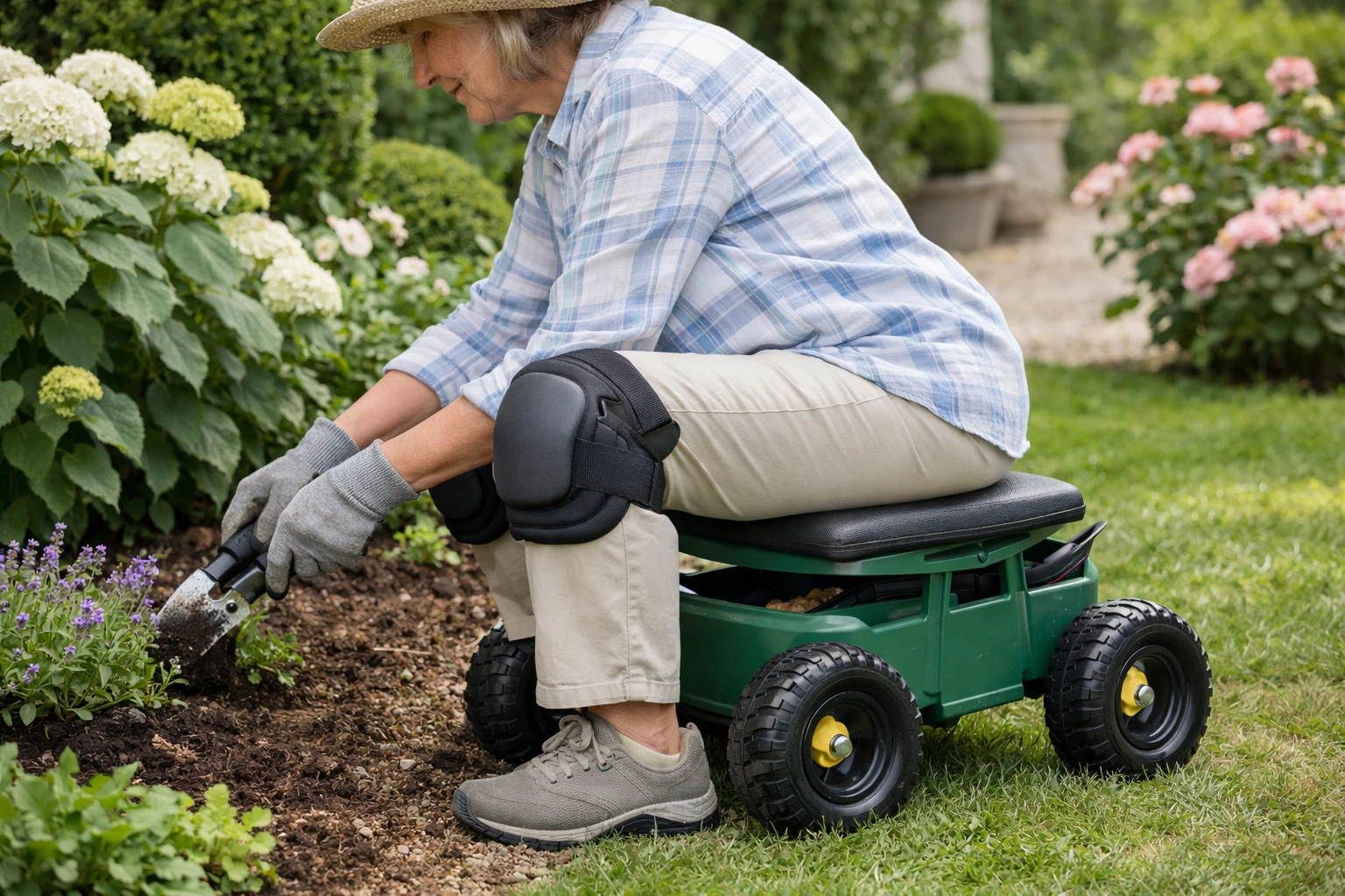 Elderly woman using a rolling garden seat with knee pads nearby, working comfortably at ground level in a French garden, natural sunlight, shallow depth of field, realistic photography showing ergonomic gardening equipment for seniors, premium garden tools visible, ornamental plants and flowers in background, high-end lifestyle aesthetic, authentic French garden atmosphere, soft natural colors