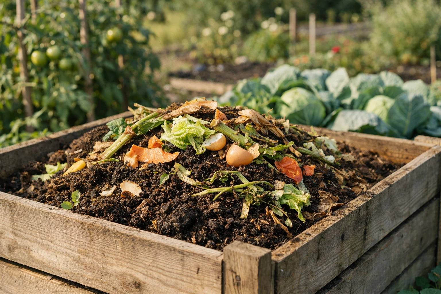 Close-up of a wooden compost bin overflowing with healthy dark compost, garden waste and vegetable scraps visible, in a sunny French backyard garden with vegetables growing nearby, realistic photography, natural morning light, shallow depth of field, rich earthy tones, eco-friendly gardening lifestyle