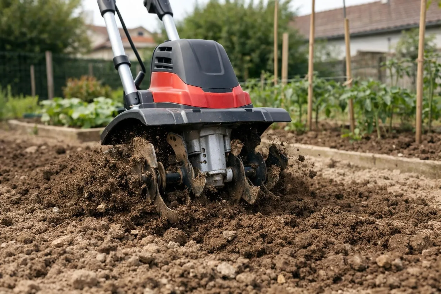 Close-up photograph of an affordable electric tiller working in a French home garden, compact orange or yellow machine with rotating tines turning brown soil, small vegetable patch visible in background, realistic photography, natural daylight, detailed soil texture, practical gardening atmosphere, budget-friendly equipment, authentic French suburban garden setting, no text