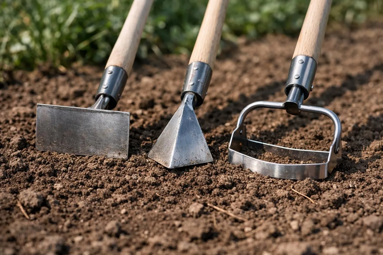 Close-up of three different hoe types (rectangular, triangular, and oscillating blade) lying on freshly weeded garden soil in a French potager, natural morning light, ultra-detailed metal textures, realistic photography, shallow depth of field, premium gardening tools aesthetic, no text or labels