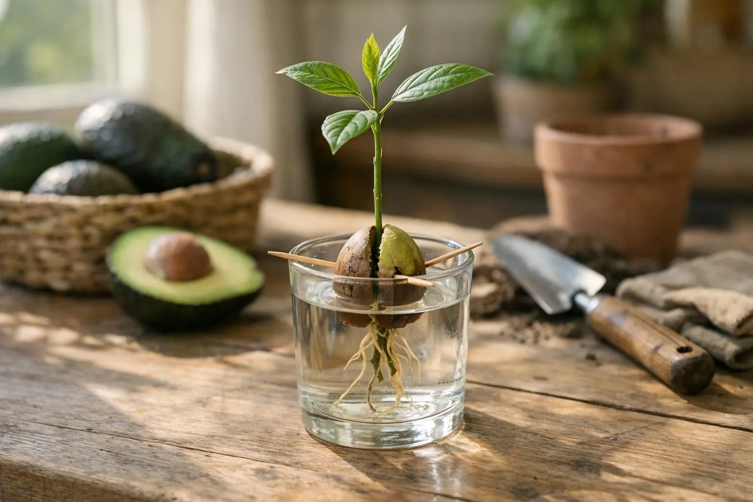 Close-up of an avocado pit sprouting roots and stem wrapped in damp paper towel inside a clear container, placed on a wooden table in a French kitchen with natural morning light streaming through the window, visible gardening tools and fresh avocados in the background, ultra-realistic photography, shallow depth of field focusing on the emerging white roots, warm natural tones, authentic homegrown gardening atmosphere