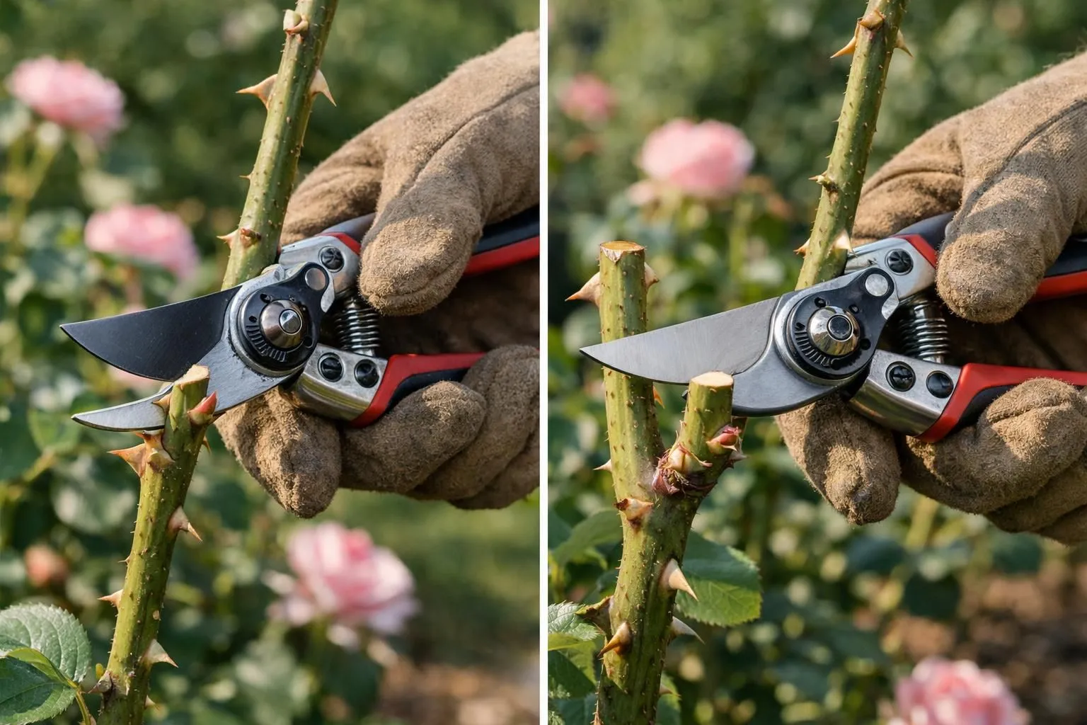 Close-up of gardener's hands using premium pruning shears on rose bush stems in French garden, showing incorrect vs correct cutting angles and distances from bud eyes, natural morning light, ultra-detailed textures of stems and tools, realistic photography, educational yet elegant composition, soft shadows, high-end gardening lifestyle.