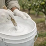 Préparation du lait de chaux pour arbres fruitiers. Un mélange blanc crémeux est remué dans un seau, pour un soin efficace.