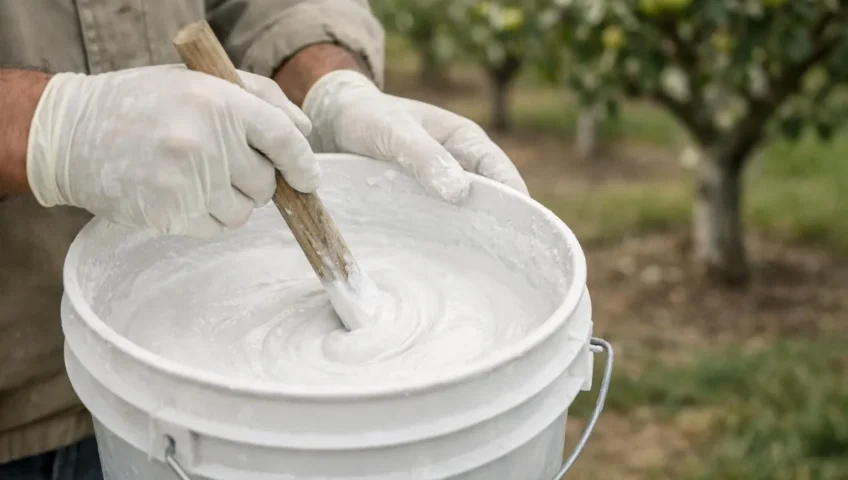 Préparation du lait de chaux pour arbres fruitiers. Un mélange blanc crémeux est remué dans un seau, pour un soin efficace.