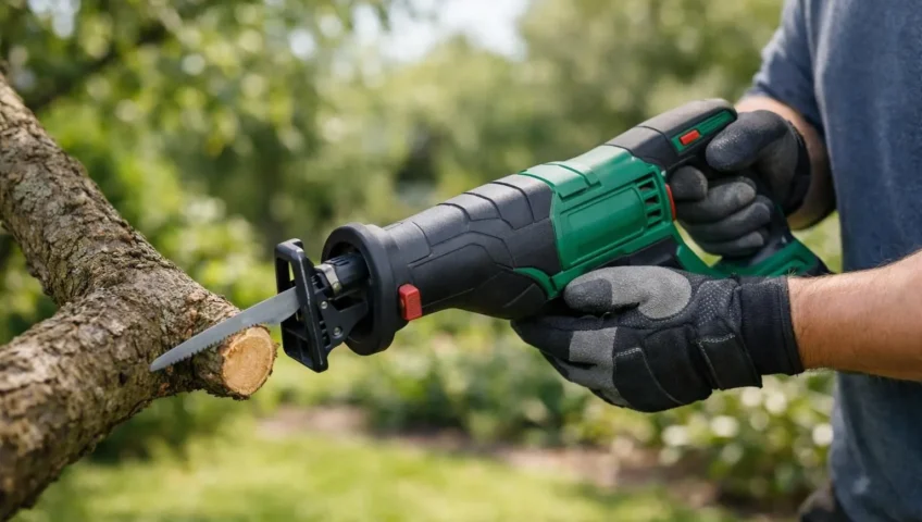 Gros plan sur une scie sabre Parkside verte et noire coupant une branche d'arbre. Outil idéal pour vos projets de jardinage.