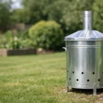 Moderne incinérateur de jardin en acier galvanisé, prêt à l'emploi dans un jardin soigné, pour un choix éclairé.