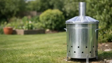Moderne incinérateur de jardin en acier galvanisé, prêt à l'emploi dans un jardin soigné, pour un choix éclairé.
