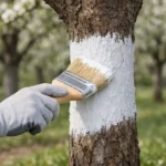 Application de chaux arboricole sur un tronc d'arbre. Protection efficace avec Leroy Merlin et alternatives pour vos arbres.