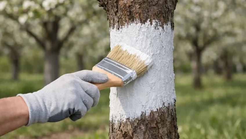 Application de chaux arboricole sur un tronc d'arbre. Protection efficace avec Leroy Merlin et alternatives pour vos arbres.