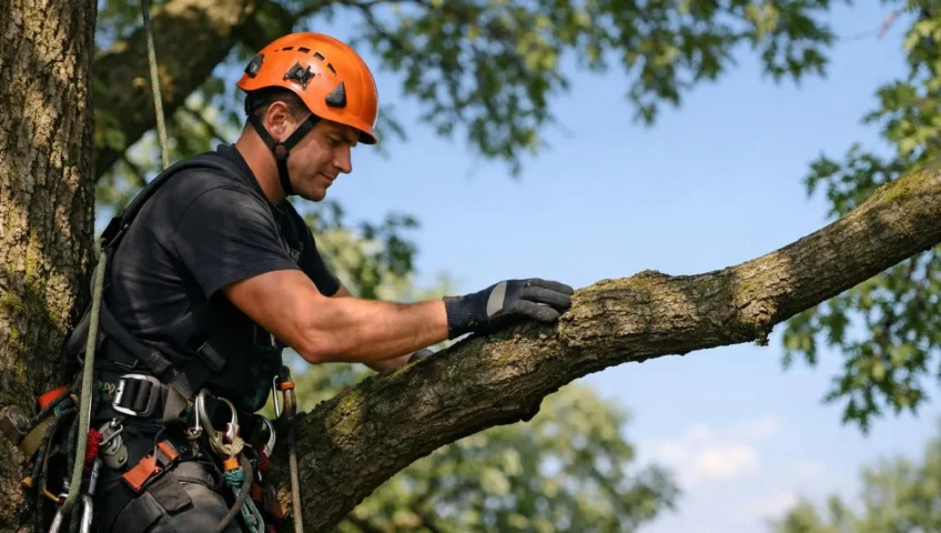 Arboriste évaluant un grand arbre. Prix élagage arbre grande hauteur par expert qualifié et sécurisé en 2026.