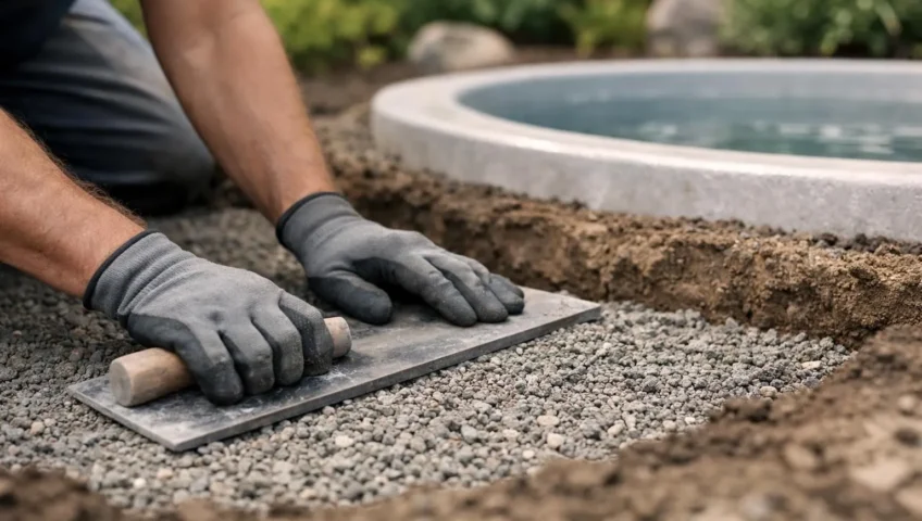 Préparation minutieuse pour l'installation d'un spa encastrable dans un jardin, illustrant des mains expertes nivelant le sol