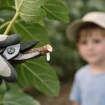 Main gantée près de la sève de figuier toxique, enfant en arrière-plan. Prévention des dangers pour la famille.
