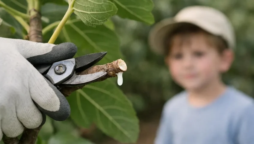 Main gantée près de la sève de figuier toxique, enfant en arrière-plan. Prévention des dangers pour la famille.