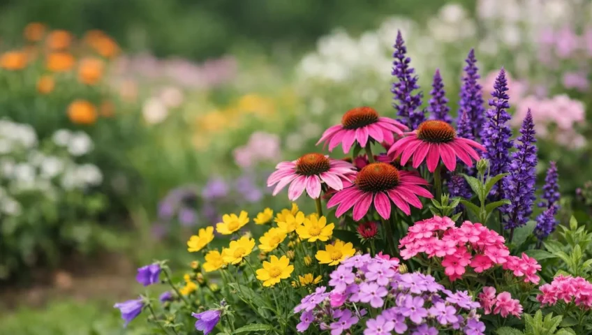 Plantes vivaces fleuries toute l'année pour un jardin éclatant. Gros plan sur une diversité de couleurs vibrantes.