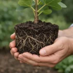 Mains manipulant délicatement la motte de racines d'un jeune figuier prêt à être planté. Comprendre la racine du figuier.