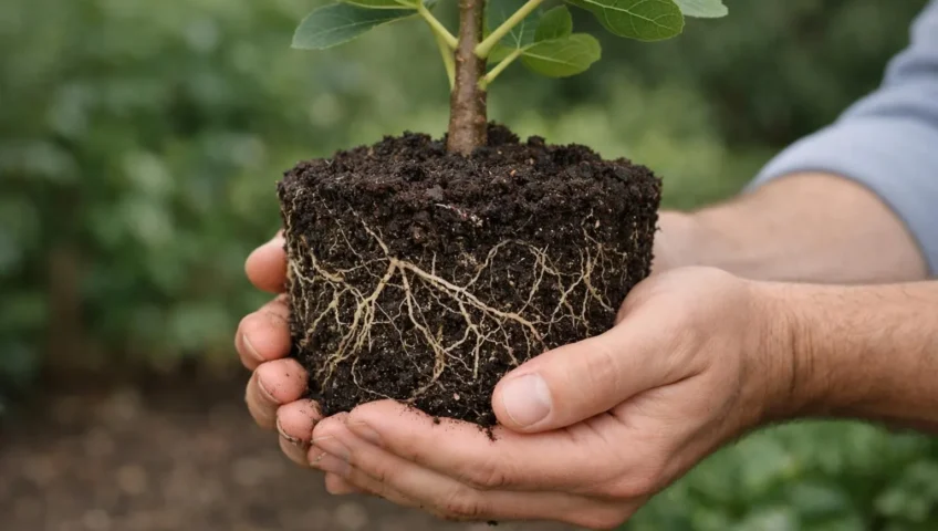 Mains manipulant délicatement la motte de racines d'un jeune figuier prêt à être planté. Comprendre la racine du figuier.