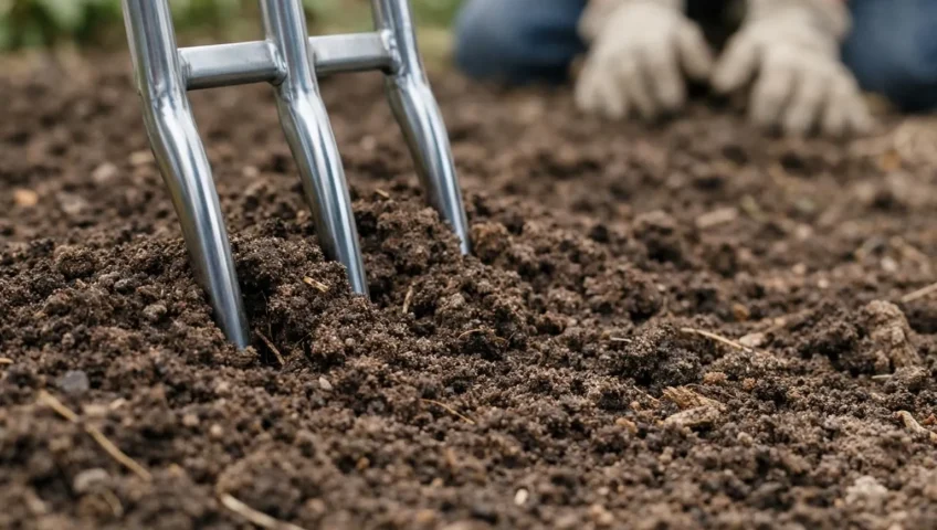 Grelinette aérant doucement la terre riche et sombre d'un jardin, préservant la vie du sol sans effort.