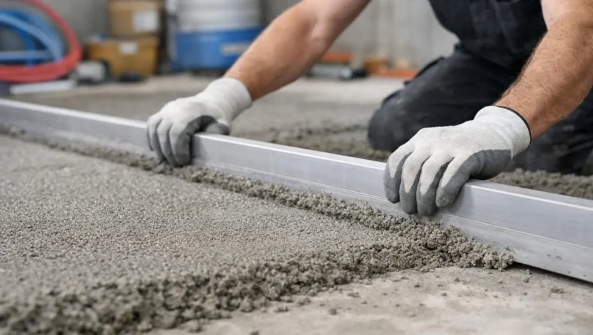 Ouvrier qualifié appliquant une chape de ravoirage pour niveler un sol. Préparation de surface avant revêtement.