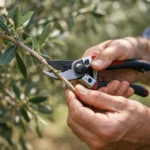 Mains de jardinier expert taillant un olivier sain sous le soleil. Maîtrisez l'olivier entretien et taille.