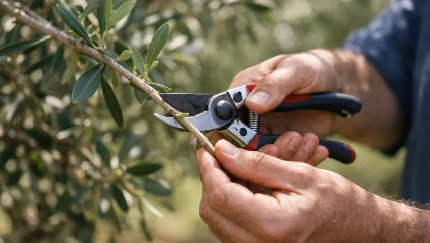 Mains de jardinier expert taillant un olivier sain sous le soleil. Maîtrisez l'olivier entretien et taille.