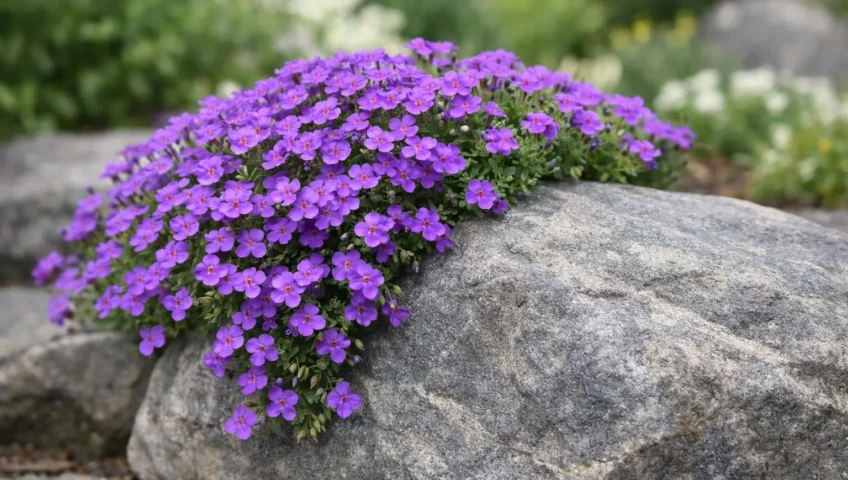 Magnifiques fleurs de rocaille violettes poussant sur un rocher, transformant le jardin sans effort.