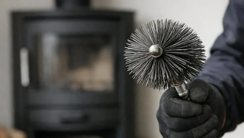 Ramonage poêle à bois réussi: main de ramoneur professionnel avec brosse. Nettoyage cheminée de poêle en 5 étapes.