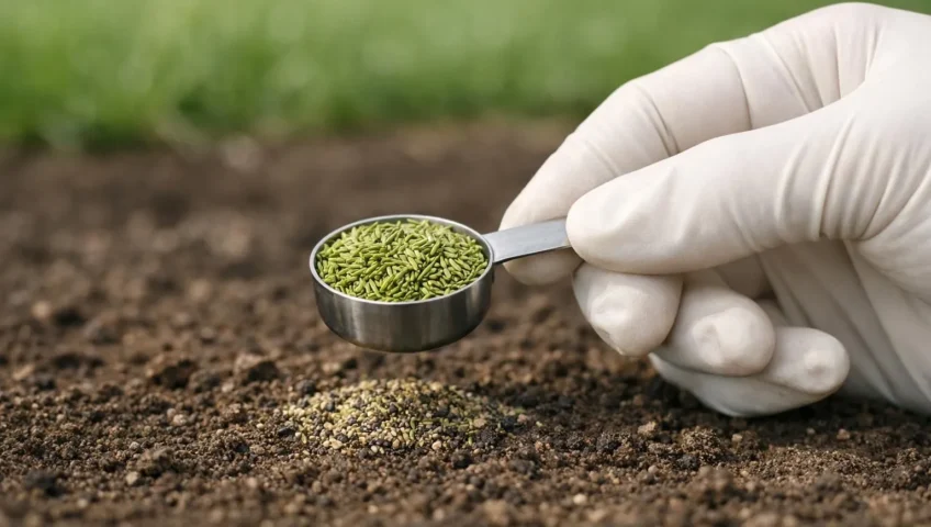 Main mesurant graines de gazon pour un dosage exact par m2. Photo pelouse, quantité de semences réussie.