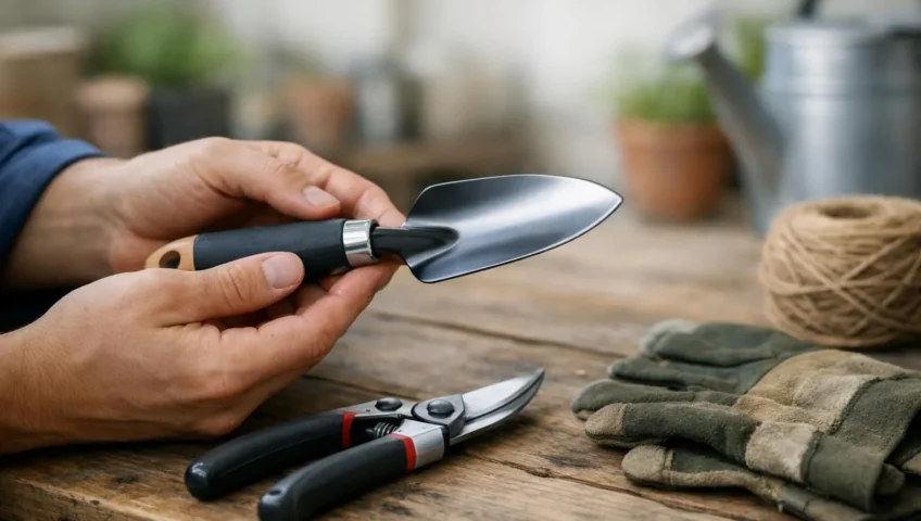 Main sélectionnant une pelle de jardinage de qualité parmi divers matériel de jardinage à vendre sur un établi.