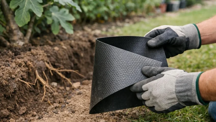 Protection efficace contre les figuier racines envahissantes: un jardinier installe une barrière anti-racines.