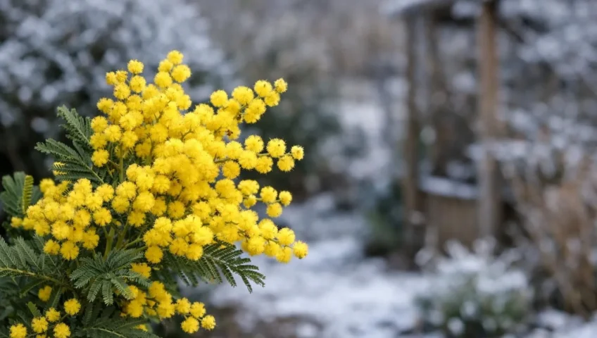 Variété de mimosa résistant au gel en pleine floraison hivernale, illuminant un jardin. Idéal pour un extérieur fleuri même p