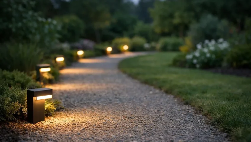 Luminaire chemin exterieur moderne éclairant un jardin sécurisé et accueillant la nuit tombée.