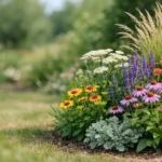 Jardin durable de plantes vivaces variées en pleine floraison, conçu pour fleurir toute l'année.