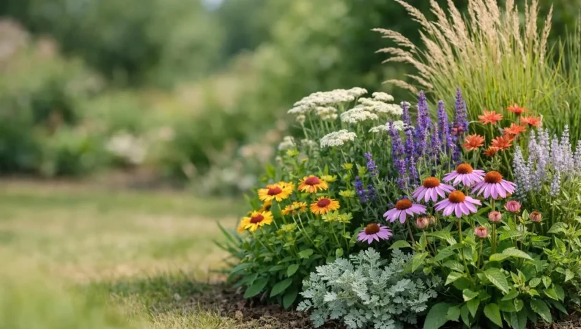 Jardin durable de plantes vivaces variées en pleine floraison, conçu pour fleurir toute l'année.