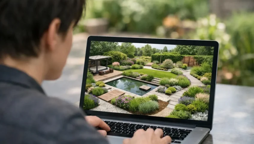 Personne utilisant un logiciel conception jardin gratuit en ligne sur ordinateur portable, affichant un plan d'aménagement dé