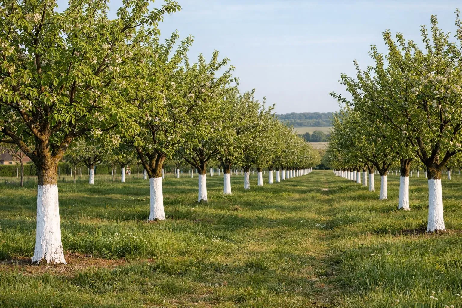 Healthy fruit tree orchard in French countryside with whitewashed trunks glowing in morning sunlight, showing natural organic gardening method, realistic photography, rows of apple or cherry trees with white-painted bases, spring green foliage, soft natural light, professional agricultural scene, no text